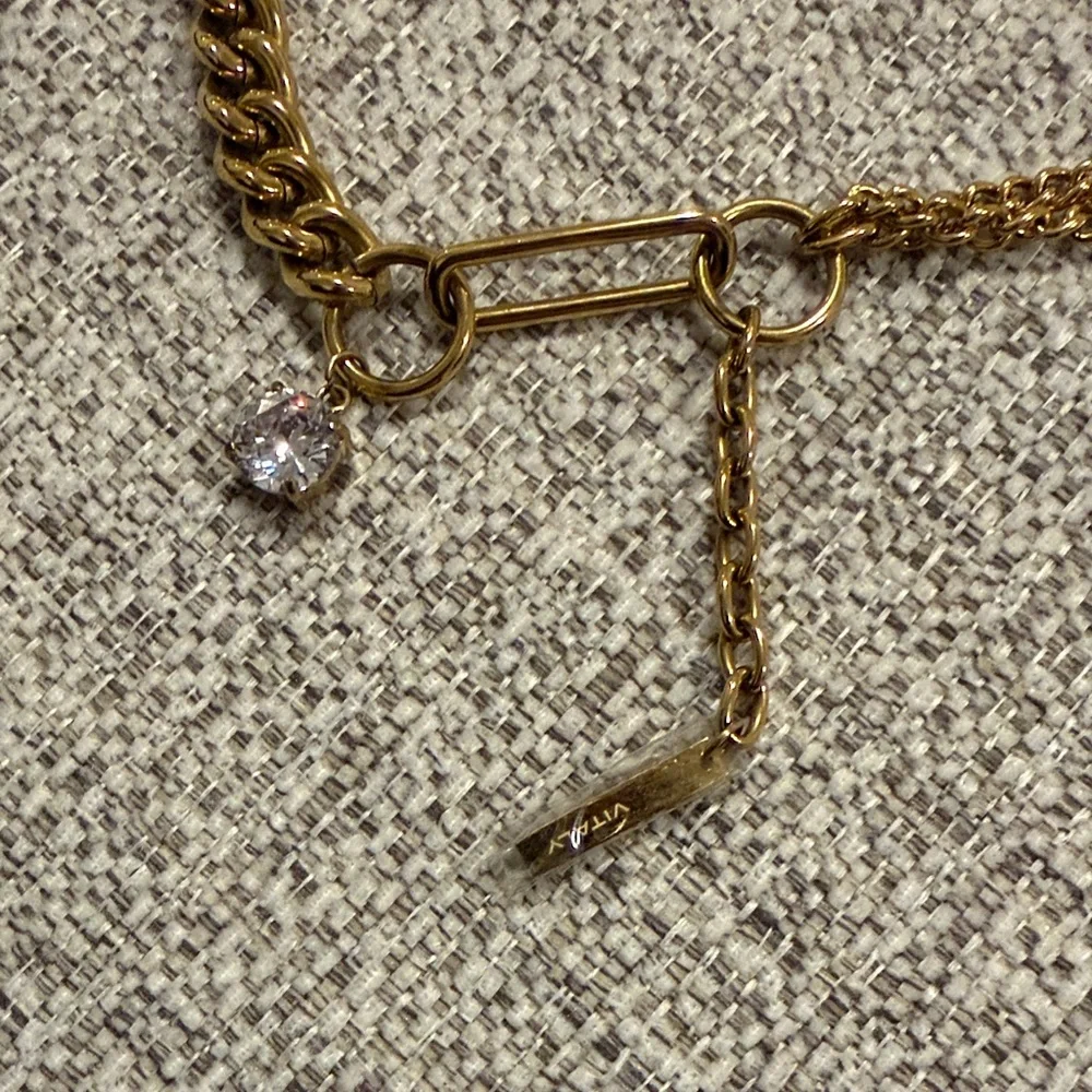 Gold Layered Chain Necklace with Clear Crystal Drop - Picture 4 of 5